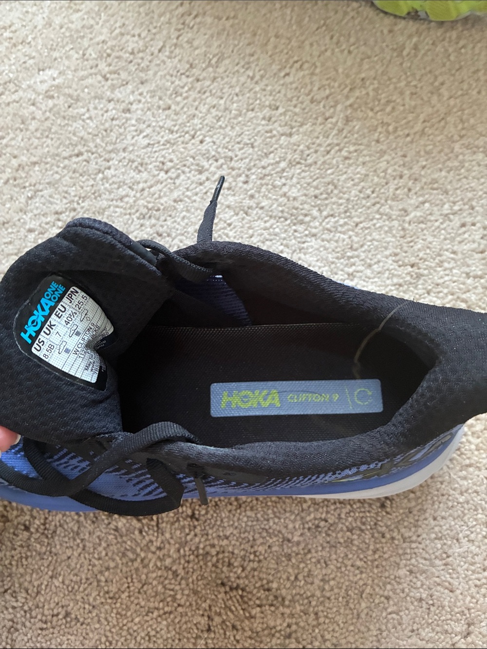 Hoka Clifton 9 Blue and Black Women's Running Shoes with Lime Accents - Picture 5 of 6